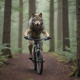 A majestic wolf adeptly riding a mountain bike through a forest trail, showcasing a surreal yet skilled spectacle.