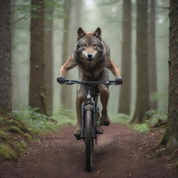 A majestic wolf adeptly riding a mountain bike through a forest trail, showcasing a surreal yet skilled spectacle.