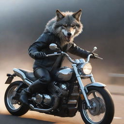 An animated, eye-catching image of a fierce wolf bolstering a leather jacket, riding a shiny, chrome motorbike, wind whipping through its fur.