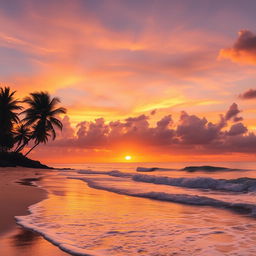 A beautiful sunset over a serene beach, with waves gently crashing onto the shore and palm trees swaying in the breeze