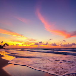 A beautiful sunset over a serene beach, with waves gently crashing onto the shore and palm trees swaying in the breeze