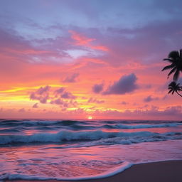 A beautiful sunset over a serene beach, with waves gently crashing onto the shore and palm trees swaying in the breeze