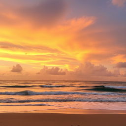 A beautiful sunset over a serene beach, with waves gently crashing onto the shore and palm trees swaying in the breeze