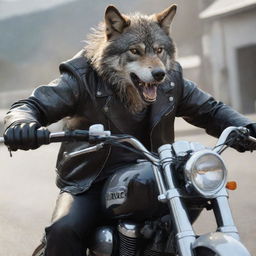 An animated, eye-catching image of a fierce wolf bolstering a leather jacket, riding a shiny, chrome motorbike, wind whipping through its fur.