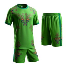 A green soccer jersey and shorts set with luxurious and elegant multicolored patterns