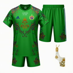 A green soccer jersey and shorts set with luxurious and elegant multicolored patterns