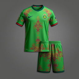 A green soccer jersey and shorts set with luxurious and elegant multicolored patterns