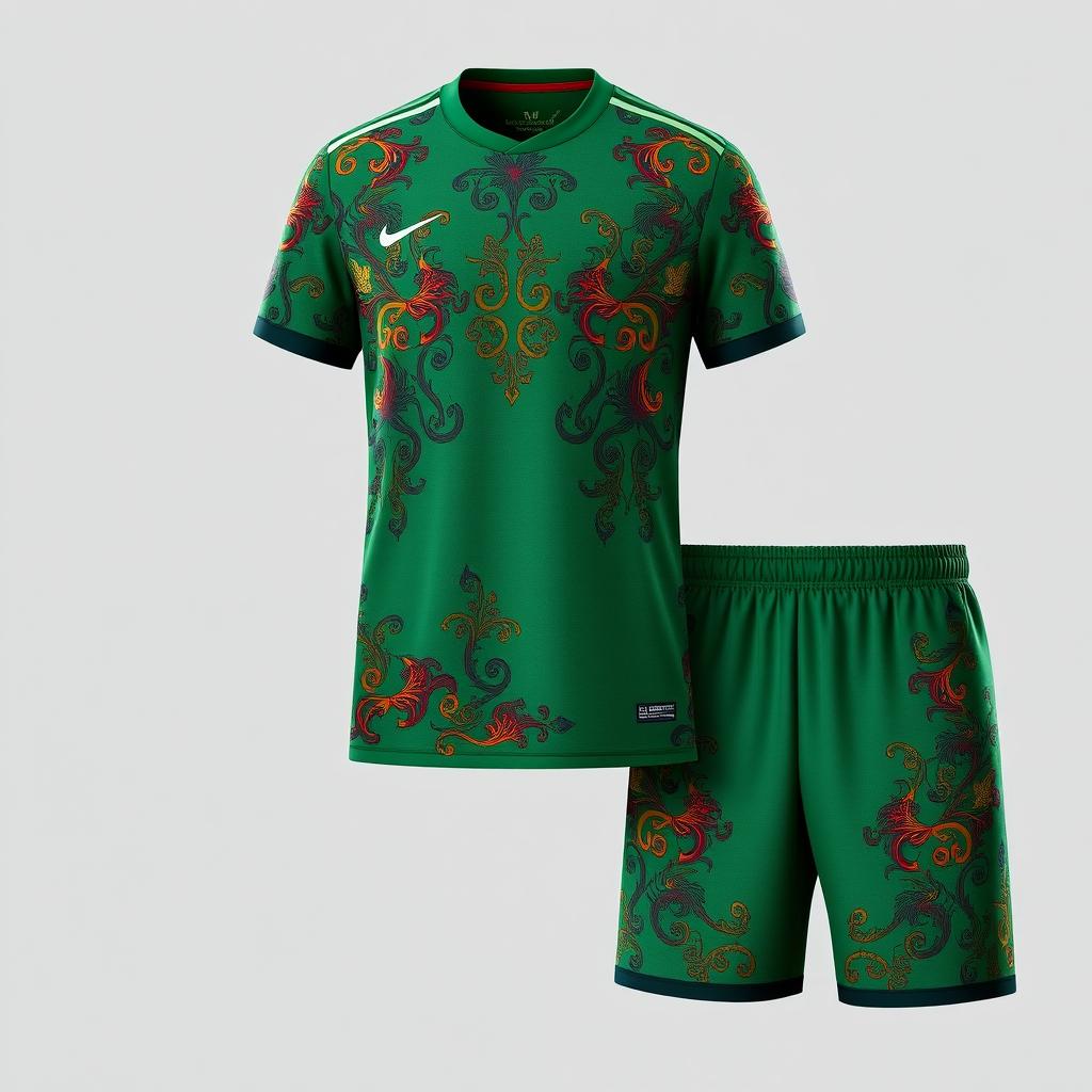 A green soccer jersey and shorts set with luxurious and elegant multicolored patterns