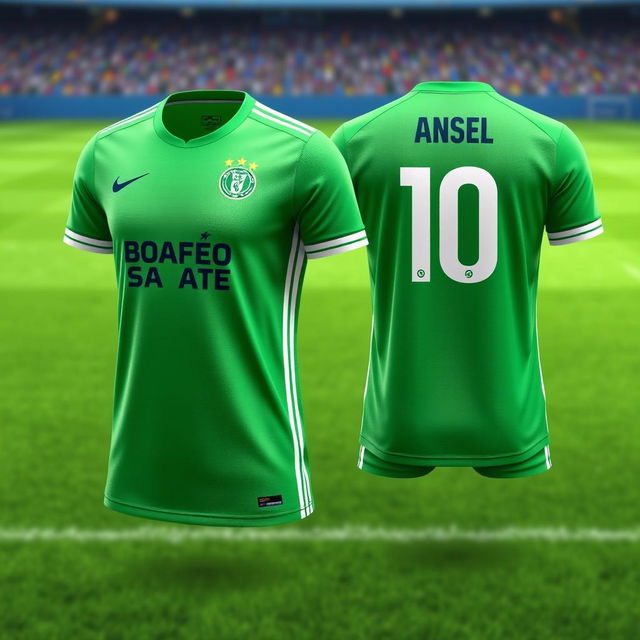 A detailed image of the latest green soccer jersey seen from the front and back