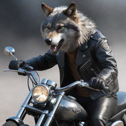 An animated, eye-catching image of a fierce wolf bolstering a leather jacket, riding a shiny, chrome motorbike, wind whipping through its fur.