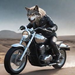 An animated, eye-catching image of a fierce wolf bolstering a leather jacket, riding a shiny, chrome motorbike, wind whipping through its fur.