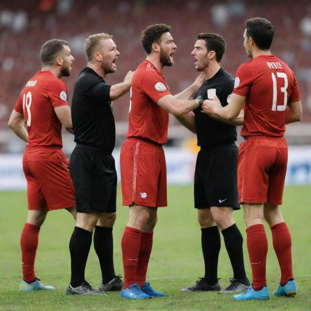 Furious football players reacting to a red card shown by the referee during an intense game