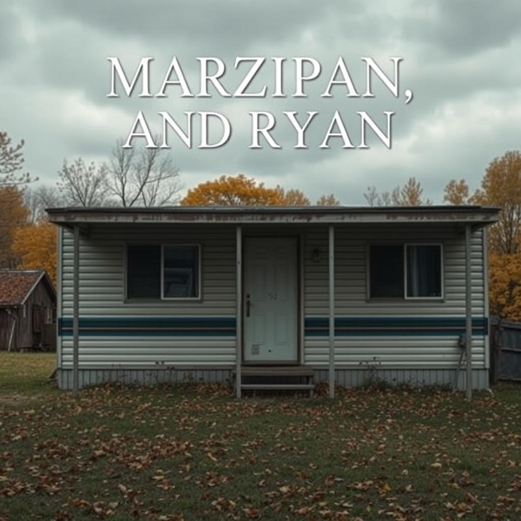 Create a movie poster featuring a dilapidated mobile home in the background under a cloudy autumn day
