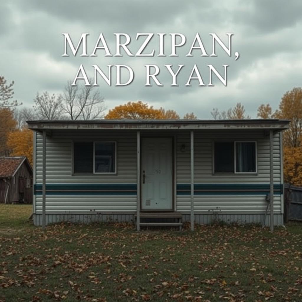 Create a movie poster featuring a dilapidated mobile home in the background under a cloudy autumn day