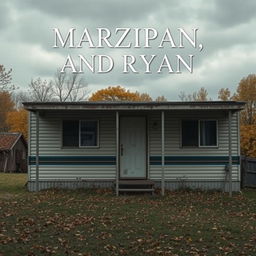 Create a movie poster featuring a dilapidated mobile home in the background under a cloudy autumn day