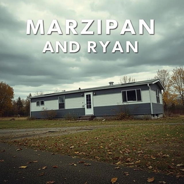 Create a movie poster featuring a dilapidated mobile home in the background under a cloudy autumn day