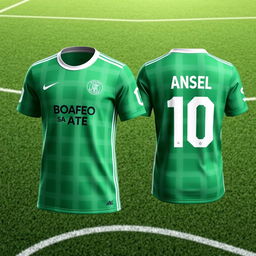 A detailed image of the latest striped green soccer jersey seen from the front and back