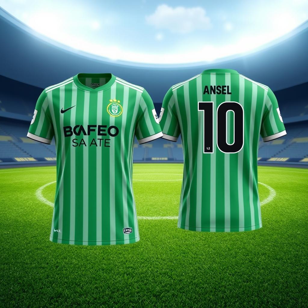 A detailed image of the latest striped green soccer jersey seen from the front and back