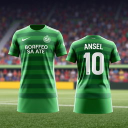 A detailed image of the latest striped green soccer jersey seen from the front and back