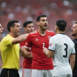 Furious football players reacting to a red card shown by the referee during an intense game