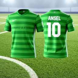 A detailed image of the latest striped green soccer jersey seen from the front and back