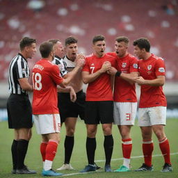 Furious football players reacting to a red card shown by the referee during an intense game