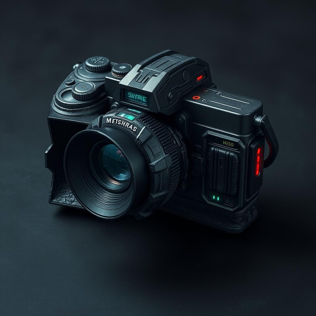 A monstrous camera with a rugged and intimidating design, featuring sharp edges, dark colors, and glowing elements