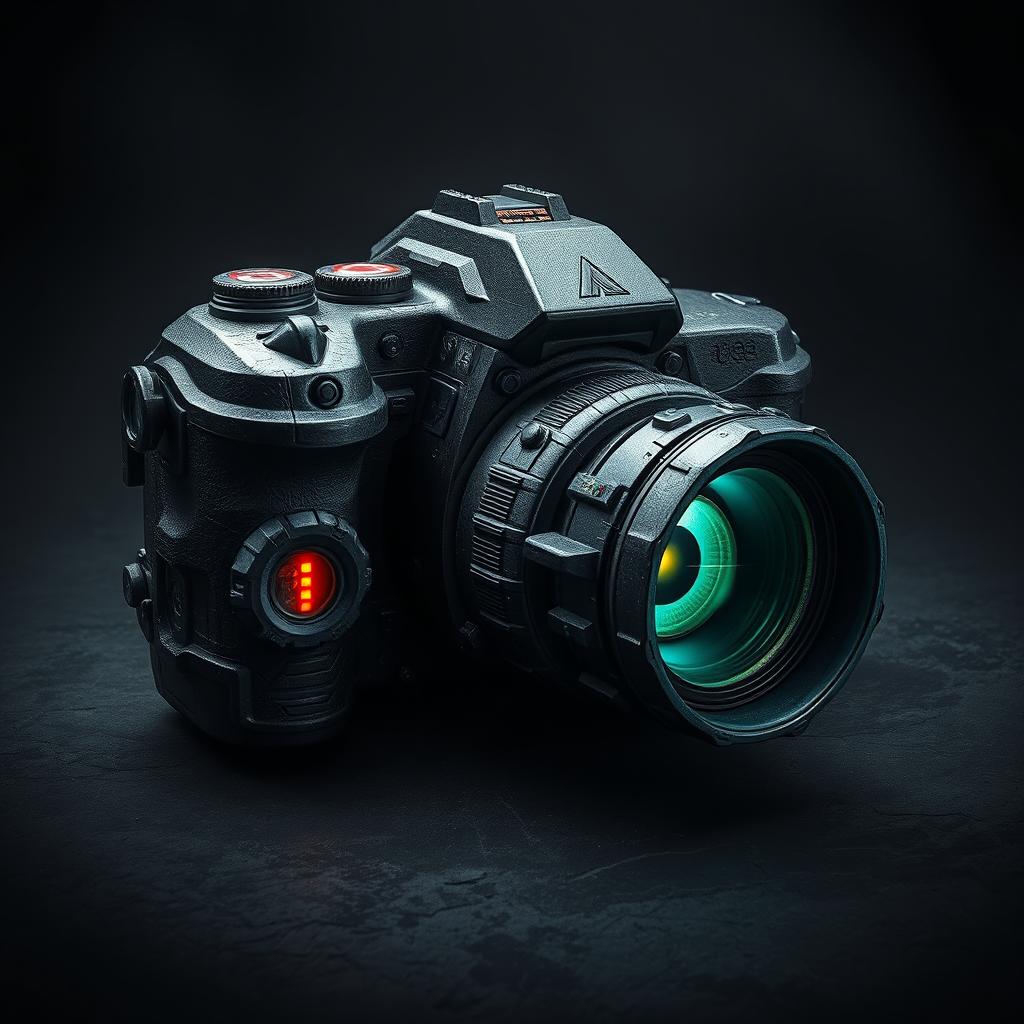 A monstrous camera with a rugged and intimidating design, featuring sharp edges, dark colors, and glowing elements