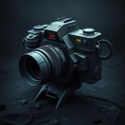 A monstrous camera with a rugged and intimidating design, featuring sharp edges, dark colors, and glowing elements