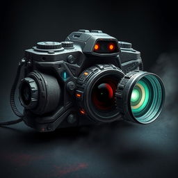 A monstrous camera with a rugged and intimidating design, featuring sharp edges, dark colors, and glowing elements