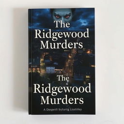 Create a book cover featuring a bird's-eye view of Ridgewood at dusk or nighttime, with dimly lit streets, streetlights, dark alleyways, and The Grove park