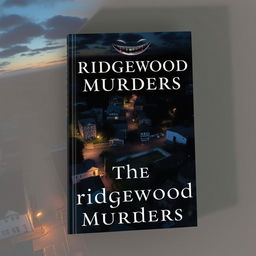 Create a book cover featuring a bird's-eye view of Ridgewood at dusk or nighttime, with dimly lit streets, streetlights, dark alleyways, and The Grove park