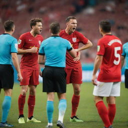 Furious football players reacting to a red card shown by the referee during an intense game