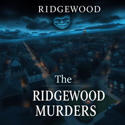 Create a book cover featuring a bird's-eye view of Ridgewood at dusk or nighttime, with dimly lit streets, streetlights, dark alleyways, and The Grove park