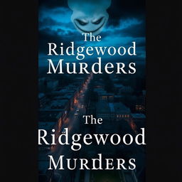 Create a book cover featuring a bird's-eye view of Ridgewood at dusk or nighttime, with dimly lit streets, streetlights, dark alleyways, and The Grove park