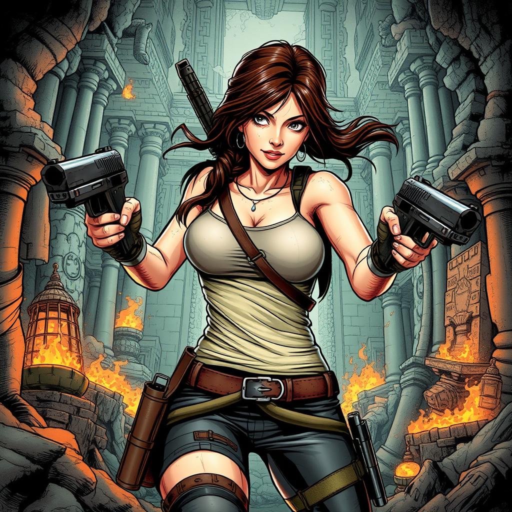 A detailed and dynamic illustration of Lara Croft, the iconic adventurer from the Tomb Raider series, in her classic outfit with dual pistols, exploring an ancient, mysterious temple filled with traps and treasures