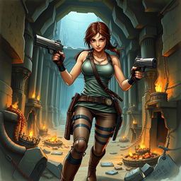 A detailed and dynamic illustration of Lara Croft, the iconic adventurer from the Tomb Raider series, in her classic outfit with dual pistols, exploring an ancient, mysterious temple filled with traps and treasures