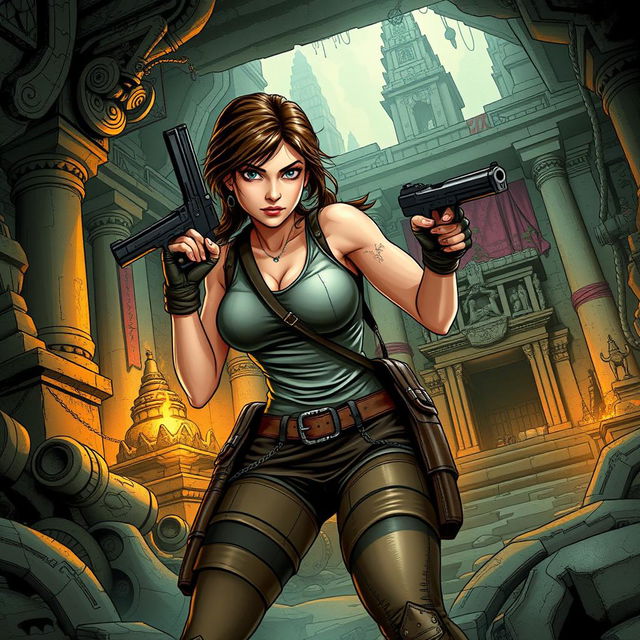 A detailed and dynamic illustration of Lara Croft, the iconic adventurer from the Tomb Raider series, in her classic outfit with dual pistols, exploring an ancient, mysterious temple filled with traps and treasures