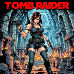 A detailed and dynamic illustration of Lara Croft, the iconic adventurer from the Tomb Raider series, in her classic outfit with dual pistols, exploring an ancient, mysterious temple filled with traps and treasures