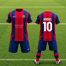 A detailed image of the latest striped red and blue soccer jersey and shorts seen from the front and back