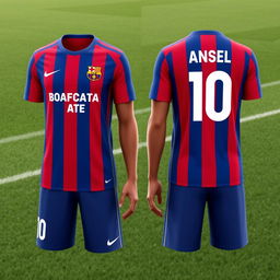 A detailed image of the latest striped red and blue soccer jersey and shorts seen from the front and back