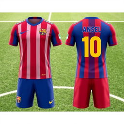 A detailed image of the latest striped red and blue soccer jersey and shorts seen from the front and back