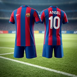 A detailed image of the latest striped red and blue soccer jersey and shorts seen from the front and back