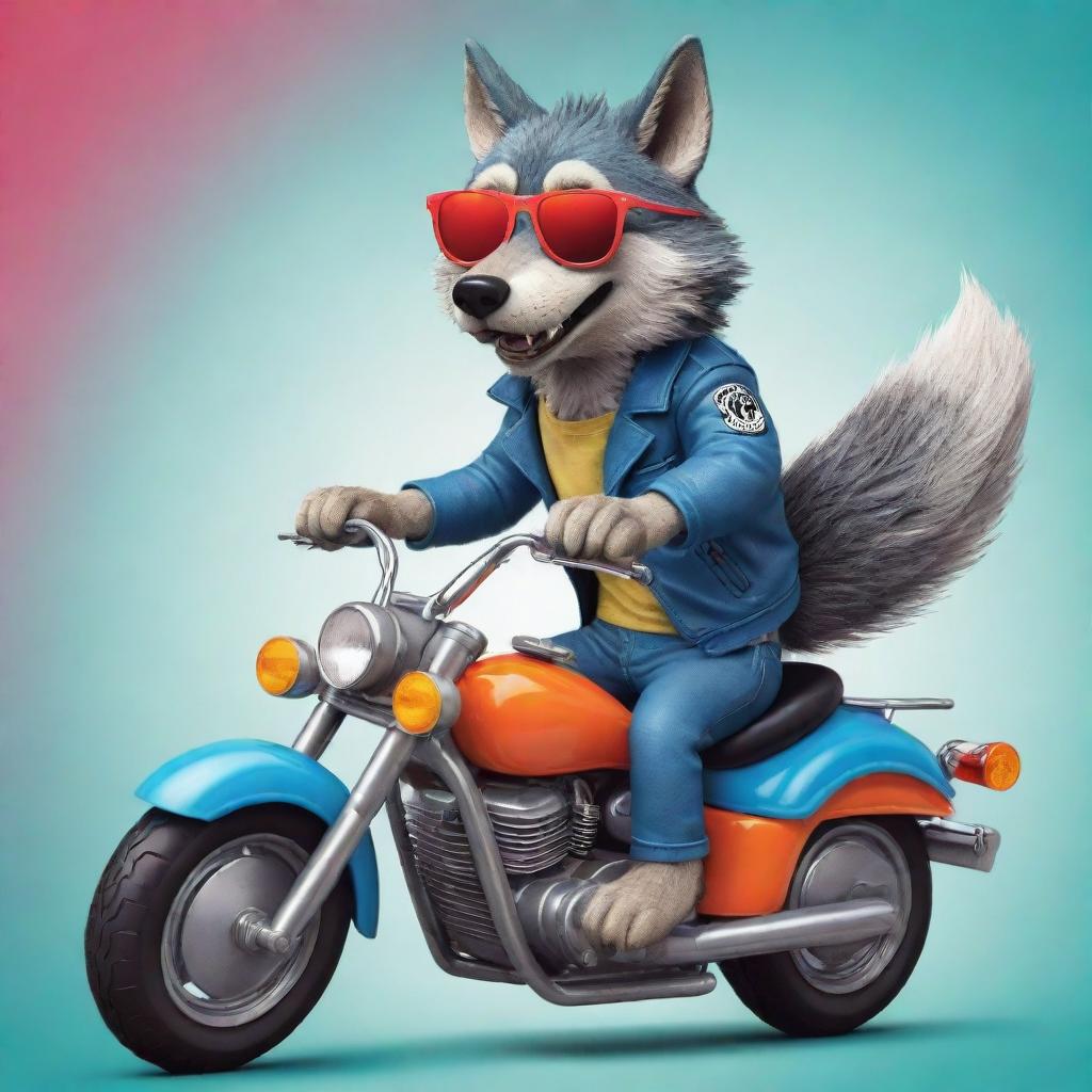 A playful cartoon of a cool wolf wearing sunglasses, cruising on a vibrant, oversized motorbike with fun, exaggerated features.