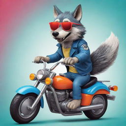 A playful cartoon of a cool wolf wearing sunglasses, cruising on a vibrant, oversized motorbike with fun, exaggerated features.