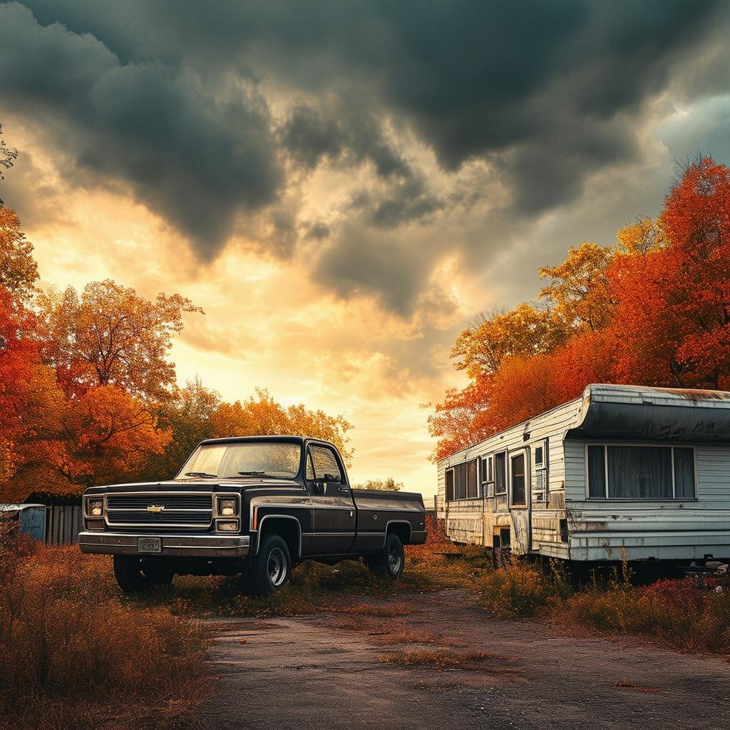 Create a dramatic movie poster for 'Marzipan and Ryan' featuring a dilapidated mobile home park and a 70s Chevy Truck under a cloudy autumn sky