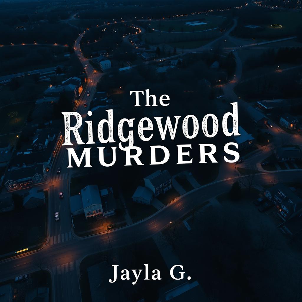 Create a book cover featuring a tilted bird's-eye view of the town of Ridgewood at dusk or nighttime