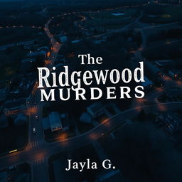 Create a book cover featuring a tilted bird's-eye view of the town of Ridgewood at dusk or nighttime