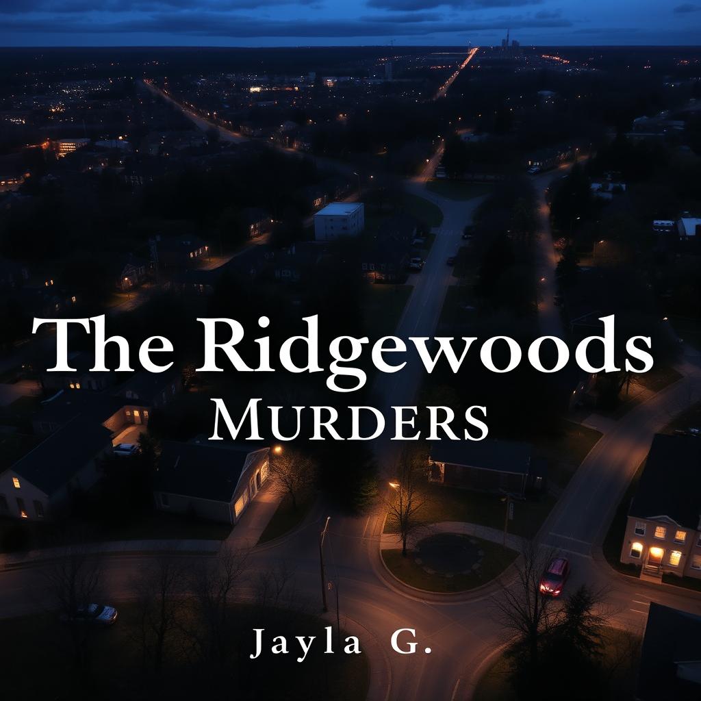 Create a book cover featuring a tilted bird's-eye view of the town of Ridgewood at dusk or nighttime