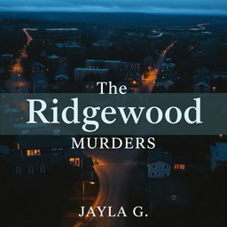 Create a book cover featuring a tilted bird's-eye view of the town of Ridgewood at dusk or nighttime